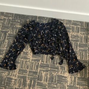 H&M Blue Ruffled Crop Blouse with Tie Front